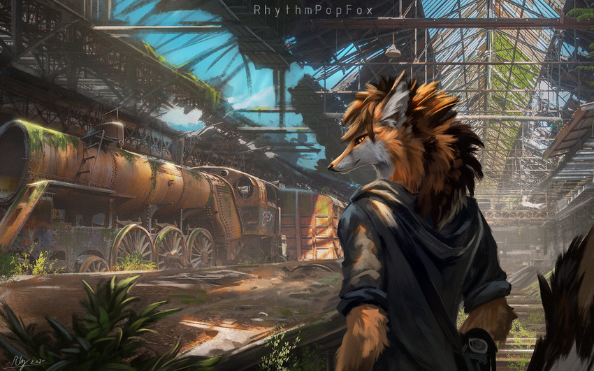 anthro clothed clothing detailed_background detailed_fur fluffy fur inner_ear_fluff inside light male plant ruins solo train tuft vehicle whiskers white_body white_fur rhythmpopfox canid canine fox mammal 16:10 2020 detailed hi_res lighting signature widescreen