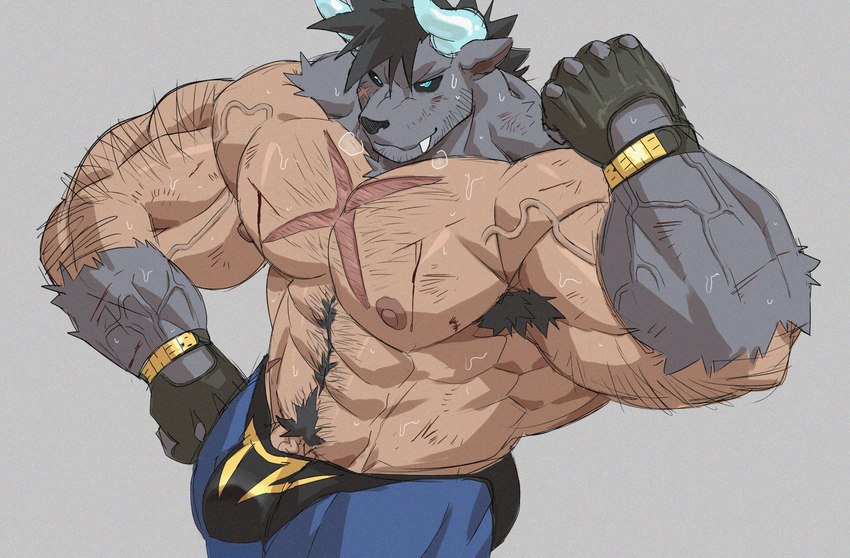 abs anthro arm_hair armpit_hair black_hair black_sclera blue_bottomwear blue_clothing blue_eyes blue_horn body_hair bottomwear bulge chest_hair chest_scar clothing facial_scar fingerless_gloves flexing flexing_bicep forearm_muscles fur genitals gloves grey_body grey_fur hair handwear happy_trail high-angle_view horn legwear looking_at_viewer male nipples pecs penis penis_base scar serratus solo tights triceps vein veiny_muscles veiny_penis x_scar ashendawger final_fantasy square_enix nax_(behehonax) behemoth_(final_fantasy) 2024 absurd_res hi_res