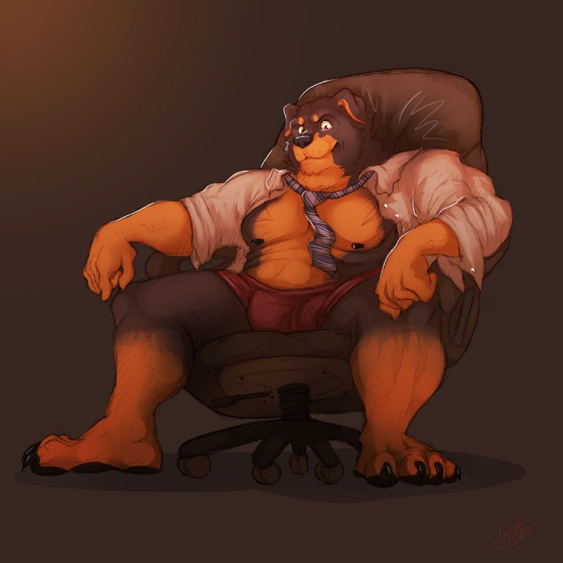 anthro biped clothed clothing looking_at_viewer male muscular muscular_anthro muscular_male necktie open_clothing open_shirt open_topwear shirt sitting slightly_chubby solo spread_legs spreading topwear underwear vetrowolf canid canine canis domestic_dog mammal mastiff molosser rottweiler 1:1 hi_res