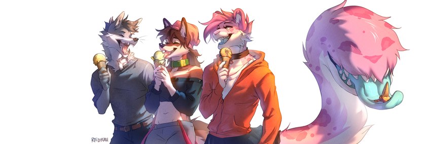 anthro clothed clothing collar group male open_mouth simple_background smile teeth tongue white_background reilukah skylar_zero canid canine felid feline mammal monster_tail 2021 digital_media_(artwork)