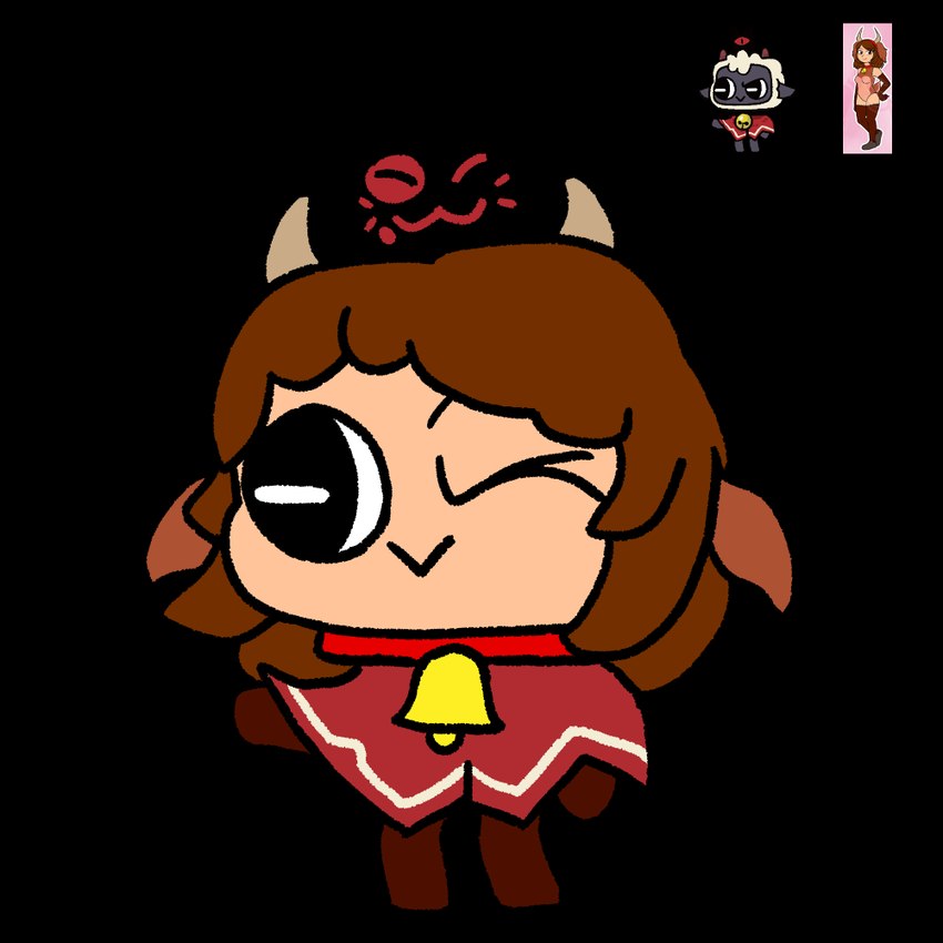 ambiguous_gender animal_ears anthro bell bell_collar brown_hair chibi clothing collar cosplay cowbell crown dark_body dark_skin female fur hair headgear horizontal_pupils horn light_body light_skin one_eye_closed parody pupils red_clothing red_robe robe simple_background solo transparent_background wink wool_(fur) evan_harrey cult_of_the_lamb massive_monster_(studio) cabrita_(akubon) lamb_(cult_of_the_lamb) red_crown_(cult_of_the_lamb) animate_inanimate bovid caprine goat humanoid mammal sheep 1:1 alpha_channel flat_colors traced