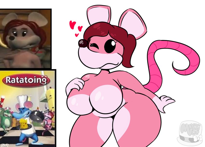 anthro breasts female fur hair heart_symbol holding_breast looking_at_viewer one_eye_closed pink_body pink_fur red_hair solo thick_thighs wide_hips wink winking_at_viewer maxxivee ratatoing carol_(ratatoing) marcelle_toing mammal murid murine rat rodent hi_res