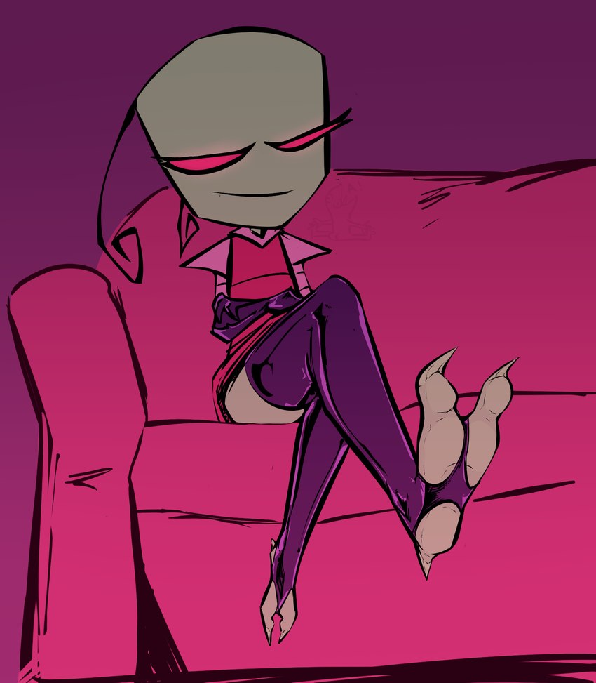 antennae_(anatomy) claws clothing crossed_legs eyelashes feet female furniture green_body latex latex_clothing latex_legwear legwear pink_clothing pink_eyes size_difference smaller_female sofa solo toe_claws shmoogel invader_zim nickelodeon invader_tenn alien humanoid irken hi_res