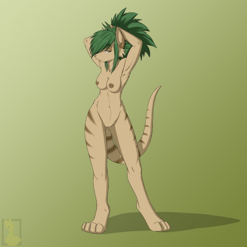 anthro biped breasts female genitals green_eyes green_hair hair looking_back markings navel nipples nude pussy raised_arm ring_(marking) ringed_tail solo standing striped_markings striped_tail stripes tail tail_markings nateday talia_(kepora) dasyuromorph mammal marsupial recently_extinct_species thylacine 1:1 2010 hi_res