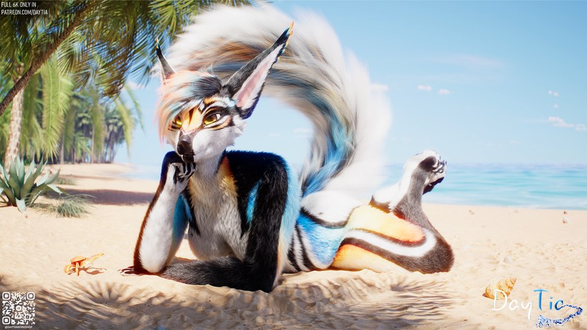 anthro anthro_focus beach biped black_body black_fur blue_body blue_fur blue_hair breasts colored_sclera countershade_arms countershading detailed_fur facial_expression female fluffy fluffy_body fluffy_tail fur fur_markings hair light light_source long_hair long_tail lounging markings multicolored_body multicolored_fur nipples nude orange_body orange_fur orange_hair palm_tree plant pointy_ears pose posed realistic_fur resting_pose sand sea shadow shell sky soft_lighting solo striped_body striped_fur stripes sunlight tail text tree tropical_beach water white_body white_fur daytia c4d ambient_arthropod ambient_crab ambient_crustacean ambient_sealife mammal 16:9 3d_(artwork) cinema_4d_(artwork) detailed digital_media_(artwork) hi_res shaded soft_shading url widescreen