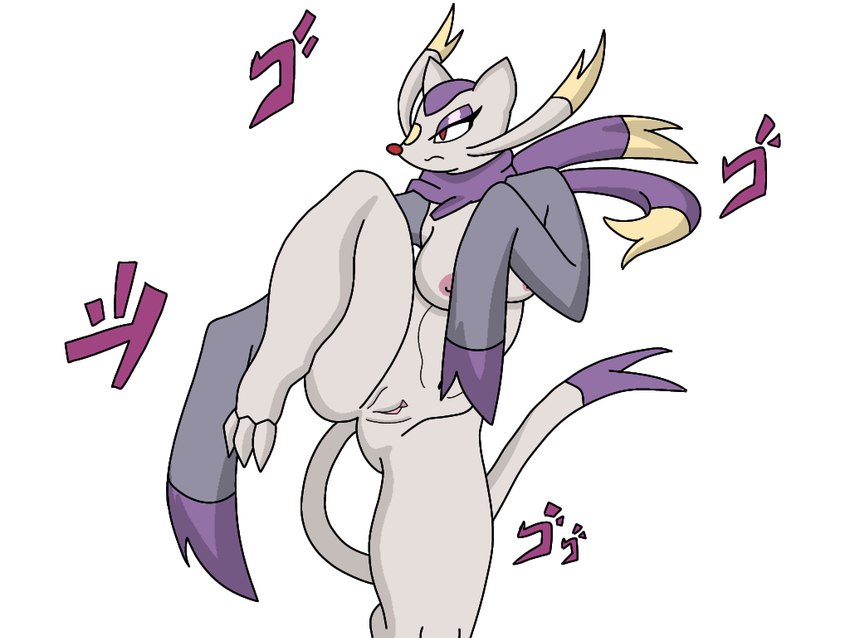 anthro areola breasts female fighting_pose fur genitals nipples nude onomatopoeia pose pussy simple_background solo sound_effects standing tail text enderbendr nintendo pokemon fan_character canid canine generation_5_pokemon mammal mienshao pokemon_(species) 4:3 digital_media_(artwork)