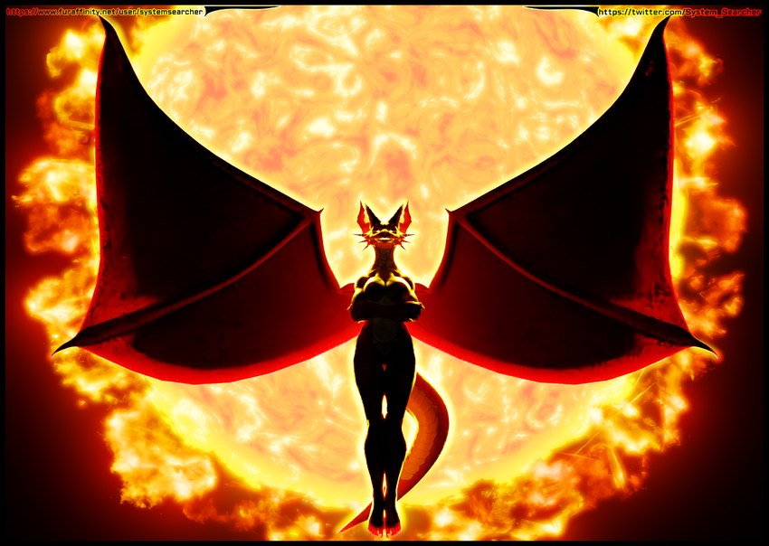 anthro backlighting black_body black_border border breasts convenient_censorship dragon_wings female fire floating flying glowing glowing_eyes glowing_mouth horn light looking_at_viewer looking_down looking_down_at_viewer nude shadow solo spread_wings sun tail teeth teeth_showing text wings systemsearcher blender_cycles mythology dragon mythological_creature mythological_scalie reptile scalie 2023 3d_(artwork) artist_name blender_(artwork) digital_media_(artwork) english_text full-length_portrait hi_res lighting portrait url widescreen