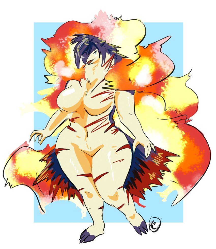 anthro big_breasts breasts claws featureless_breasts featureless_crotch female fire fur hair looking_at_viewer multicolored_body multicolored_fur nude scar sharp_teeth simple_background solo teeth wide_hips rchammer nintendo pokemon generation_2_pokemon pokemon_(species) typhlosion 2021 digital_media_(artwork) hi_res signature sketch