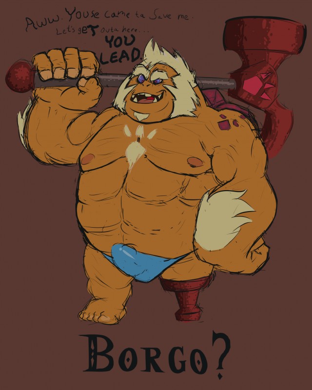 bulge clothed clothing erection erection_under_clothing facial_hair goatee hammer male nipples not_furry pecs solo tools underwear meaninglez nintendo the_legend_of_zelda goron absurd_res hi_res