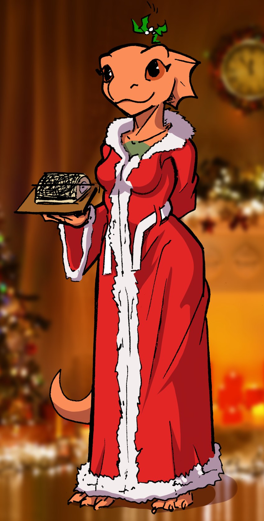 3_toes anthro bathrobe breasts christmas_clothing claws clothed clothing feet female fully_clothed holidays mistletoe non-mammal_breasts paws photo_background plant robe scales smile solo toe_claws toes bluedraggy kuroneko bethesda_game_studios christmas microsoft oblivion the_elder_scrolls quill-weave argonian scalie 2023 artist_collaboration hi_res photography_(artwork)