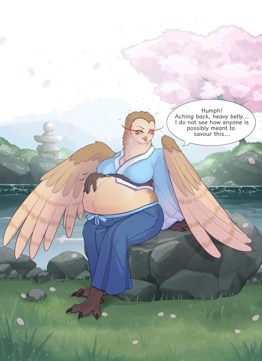 anthro barefoot beak belly big_belly big_breasts bottomwear breasts brown_body brown_feathers clothed clothing day dialogue eyebrows feathers feet female fingers hand_on_own_belly non-mammal_breasts onomatopoeia outside plant pregnant solo sound_effects speech_bubble tan_body tan_feathers text topwear tree water wings papa_soul hou_suyin_(icecreamcoconuts) avian barn_owl bird owl tyto tytonid 2024 absurd_res english_text hi_res