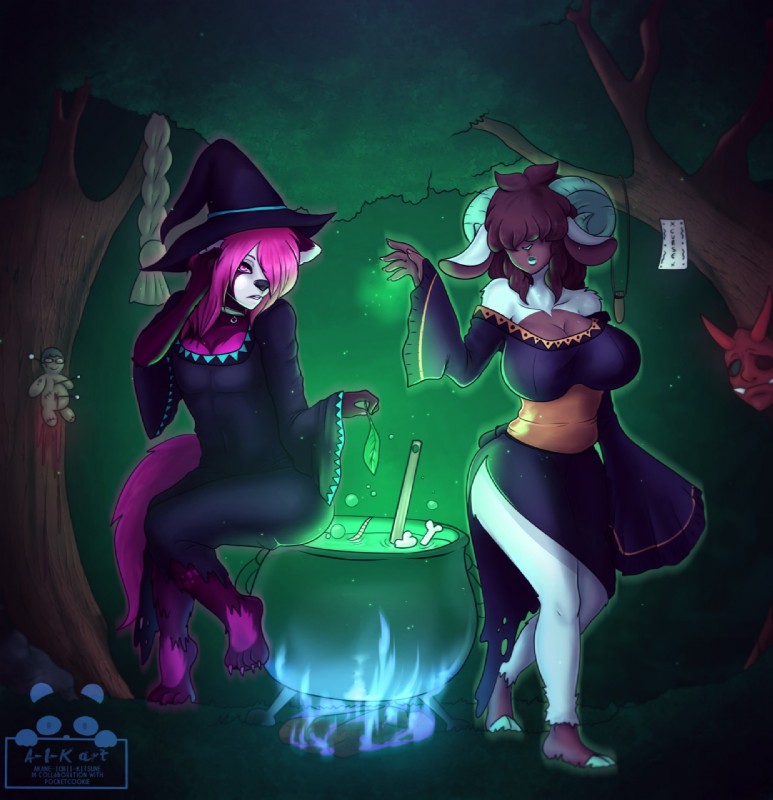 anthro clothed clothing duo female hair hat headgear headwear horn magic witch_hat witchcraft akane-ichii-kitsune pocketcookie bear bovid caprine domestic_sheep giant_panda mammal sheep artist_collaboration hi_res