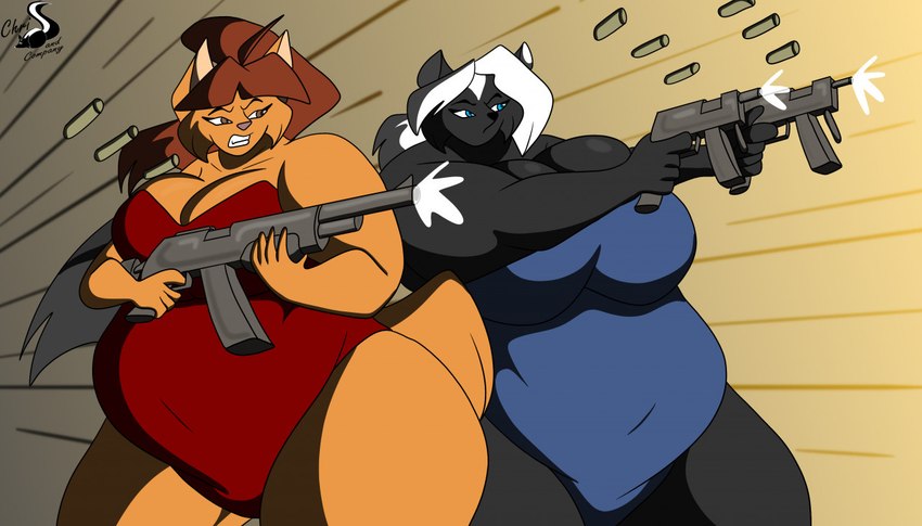 anthro clothed clothing duo female gun hair ranged_weapon shell_(projectile) swimwear weapon chrisandcompany reese_vecat domestic_cat felid feline felis mammal mephitid skunk