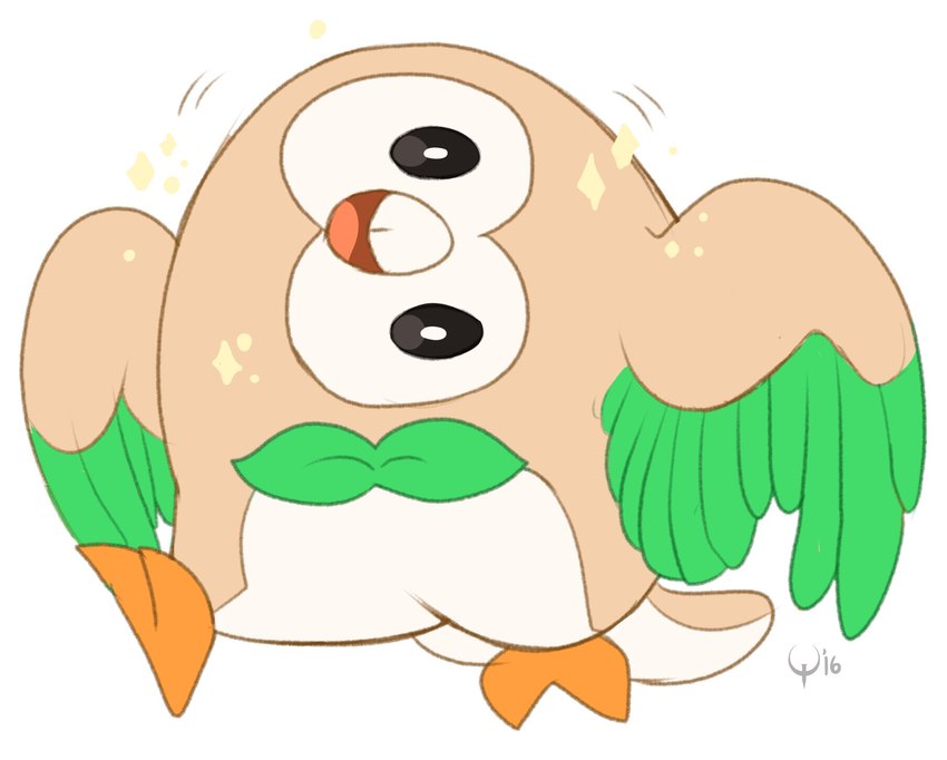 ambiguous_gender brown_body feral green_body head_tilt looking_at_viewer simple_background solo sparkles sparkling_character white_background qwertydragon nintendo pokemon avian generation_7_pokemon pokemon_(species) rowlet 2016 hi_res