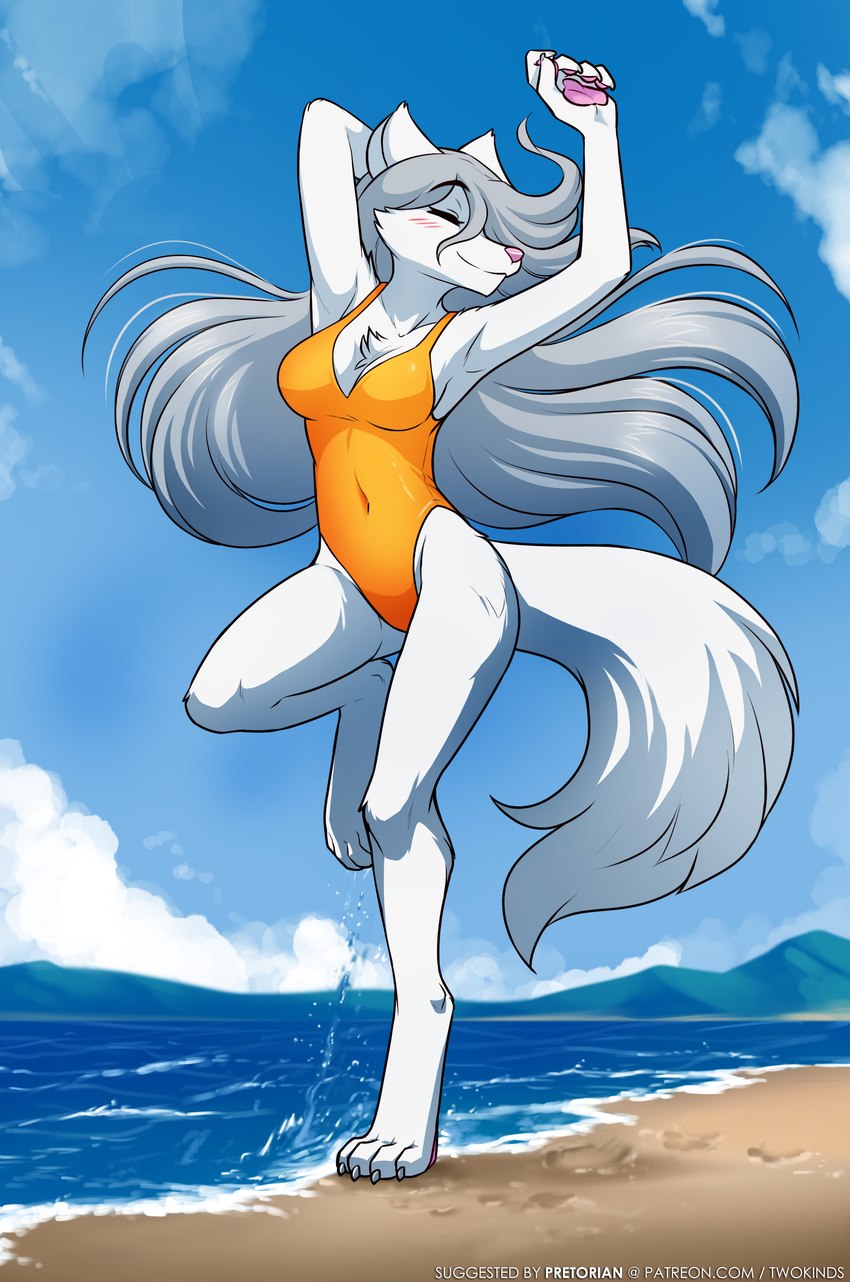 anthro beach clothing dancing female fur hair long_hair one-piece_swimsuit pawpads pink_nose pink_pawpads solo swimwear text water white_body white_fur white_hair conditional_dnp tom_fischbach twokinds raine_silverlock canid canine canis keidran mammal wolf absurd_res adobe_photoshop_(artwork) digital_media_(artwork) hi_res url