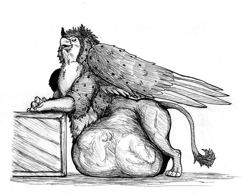 abdominal_bulge ambiguous_gender beak belly big_belly box container duo feral feral_pred leaning_against_object male male_pred quadruped unseen_prey vore wings thatgryphonguy mythology diego_(thatgryphonguy) avian gryphon mythological_avian mythological_creature black_and_white monochrome traditional_media_(artwork)