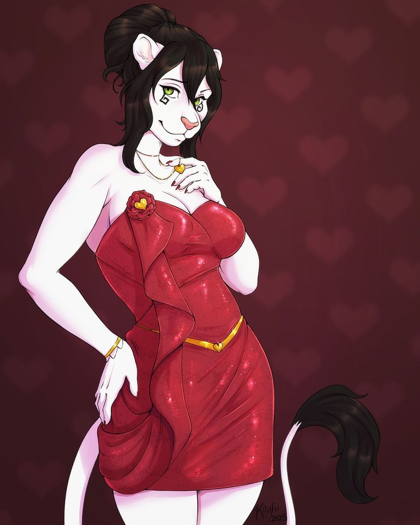 anthro black_hair clothing dress female fur hair hair_bun half-closed_eyes jewelry narrowed_eyes necklace red_background simple_background solo tail tail_tuft tuft white_body white_fur kaylii felid lion mammal pantherine 2025 4:5 hi_res