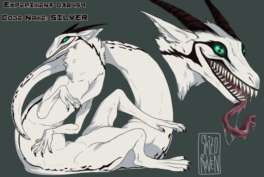 ambiguous_gender bodily_fluids claws drooling feral flexible fur green_eyes grey_background horn long_tongue looking_at_viewer neck_tuft nude open_mouth pupils saliva sharp_teeth simple_background slit_pupils solo teeth text tongue tongue_out tuft white_body white_fur skizoraven_(artist) synx