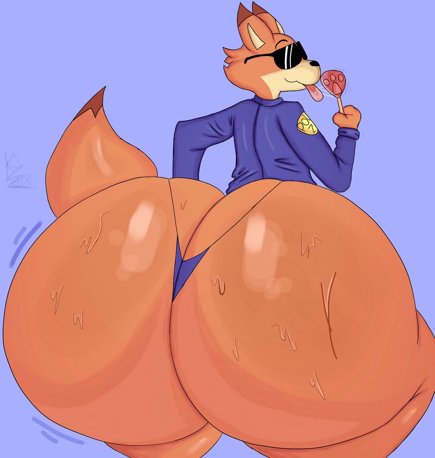 anthro big_butt bottomless butt clothed clothing food fur holding_food holding_object holding_popsicle huge_butt hyper hyper_butt male orange_body orange_butt orange_fur pawpsicle police police_officer police_uniform popsicle simple_background solo thong underwear uniform yoshuacomoyoshu disney zootopia nick_wilde canid canine fox mammal red_fox true_fox 2024 alternate_version_at_source hi_res