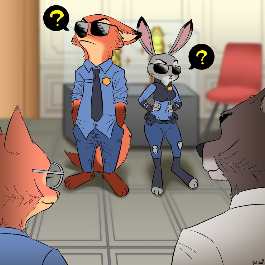 anthro badge barefoot blue_clothing blue_shirt blue_topwear blurred_background breasts clothed clothing countershading ears_up eyewear feet female fully_clothed fur glasses grey_body grey_fur group hands_in_both_pockets hands_on_hips male necktie orange_body orange_fur police police_badge police_officer police_uniform question_mark shirt sunglasses topwear uniform daimo disney dreamworks the_bad_guys zootopia diane_foxington judy_hopps mr._wolf_(the_bad_guys) nick_wilde canid canine canis fox lagomorph leporid mammal rabbit red_fox true_fox wolf 1:1 2022 crossover hi_res