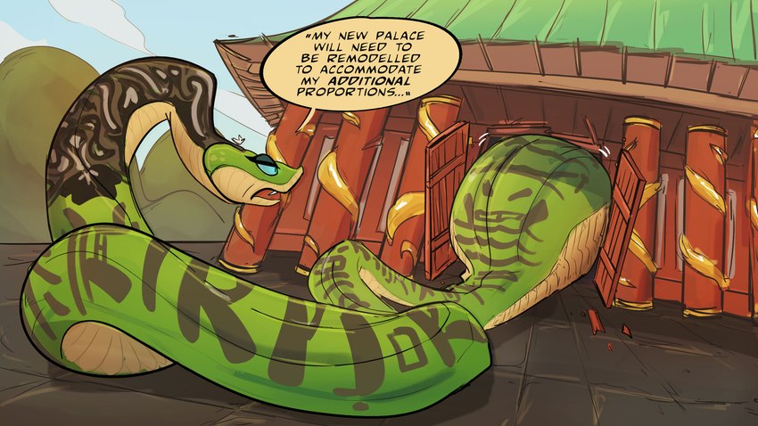 abdominal_bulge blue_eyes dialogue door fang_out fangs female feral green_body motion_lines oral_vore solo speech_bubble teeth text vore spicynoodleart dreamworks kung_fu_panda master_viper reptile scalie snake 2024 english_text hi_res