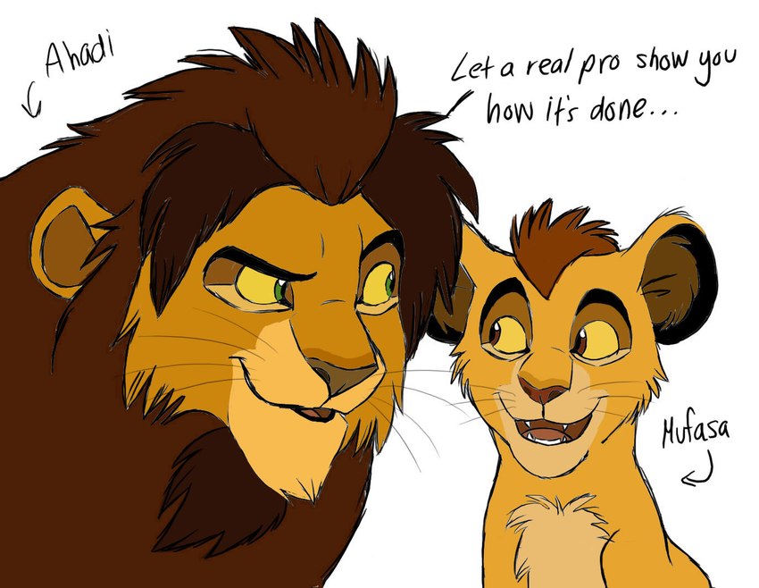 aged_down brown_body brown_fur brown_mane dialogue duo eye_contact eyebrows feral fur green_eyes looking_at_another male mane open_mouth simple_background smile teeth text white_background yellow_body yellow_fur young young_feral graystripe64 disney the_lion_king ahadi_(the_lion_king) mufasa felid lion mammal pantherine 2010 digital_drawing_(artwork) digital_media_(artwork) english_text flat_colors father_(lore) father_and_child_(lore) father_and_son_(lore) parent_(lore) parent_and_child_(lore) parent_and_son_(lore) son_(lore)