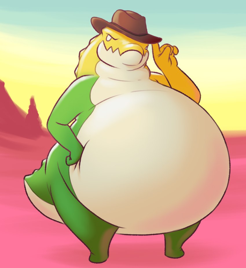 anthro belly big_belly brown_clothing brown_hat brown_headwear clothing cowboy_hat green_body hand_on_belly hand_on_hip hat headgear headwear looking_at_viewer male nude obese obese_anthro obese_male outside overweight overweight_anthro overweight_male solo standing yellow_body sugarboy glitch_productions the_amazing_digital_circus gummigoo_(tadc) crocodile crocodilian reptile scalie hi_res