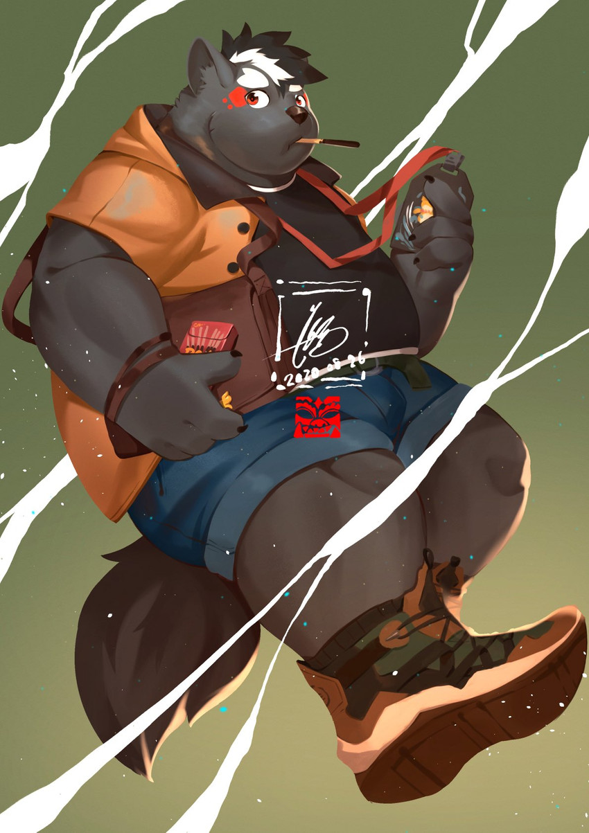 anthro belly black_body black_fur black_nose bottomwear bulge clothed clothing food fully_clothed fur hoodie humanoid_hands kemono male overweight overweight_anthro overweight_male shirt shorts solo topwear jmeo1230 pocky mammal 2020 hi_res