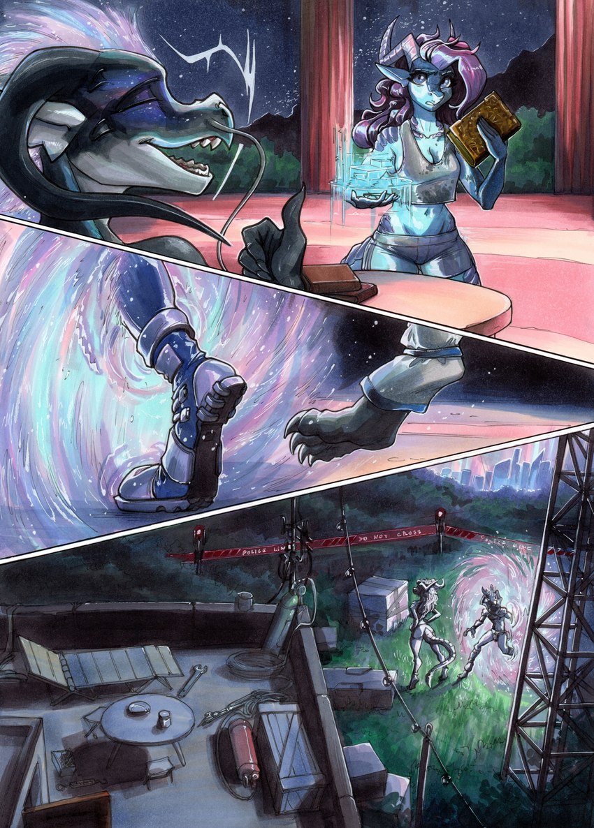 4_toes 6_eyes anthro barbel_(anatomy) biped black_horn blue_body breasts detailed_background duo feet female flesh_whiskers hair horn magic male multi_eye night non-mammal_breasts outside police_line portal purple_body purple_hair purple_horn purple_scales scales toes ewgengster mythology malthaeos_(malthaeos) dragon eastern_dragon mythological_creature mythological_scalie scalie wingless_dragon 2025 absurd_res comic hi_res traditional_media_(artwork)