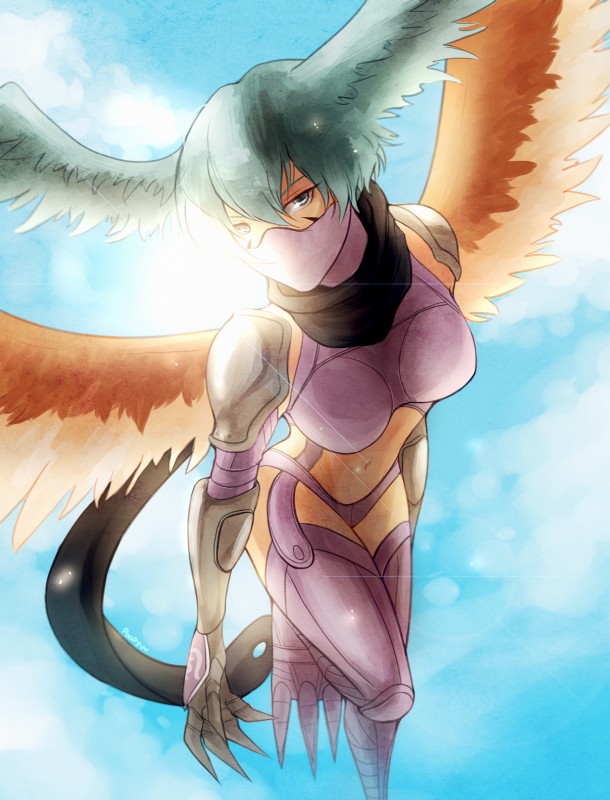 anthro armor bra breasts claws clothing cloud feathered_wings feathers feet female flying gloves handwear legwear looking_at_viewer mask non-mammal_breasts outside panties scarf sky skyscape solo stockings talons toes underwear wings 4dreams bandai_namco digimon avian digimon_(species) zephyrmon hi_res