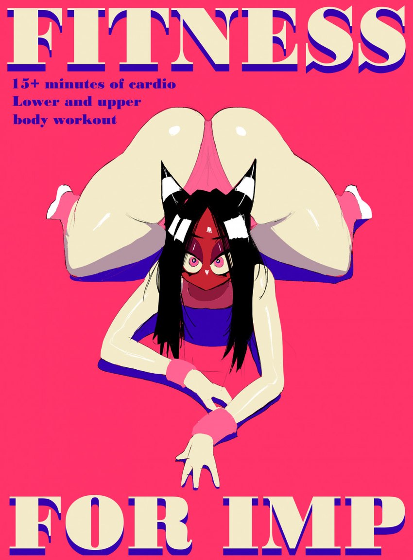 all_fours ambiguous_gender anthro ass_up black_hair clothing fake_advertisement fitness hair long_hair looking_at_viewer male solo text thick_thighs thong underwear white_body dracreloaded abby_(rakakuza) imp english_text hi_res