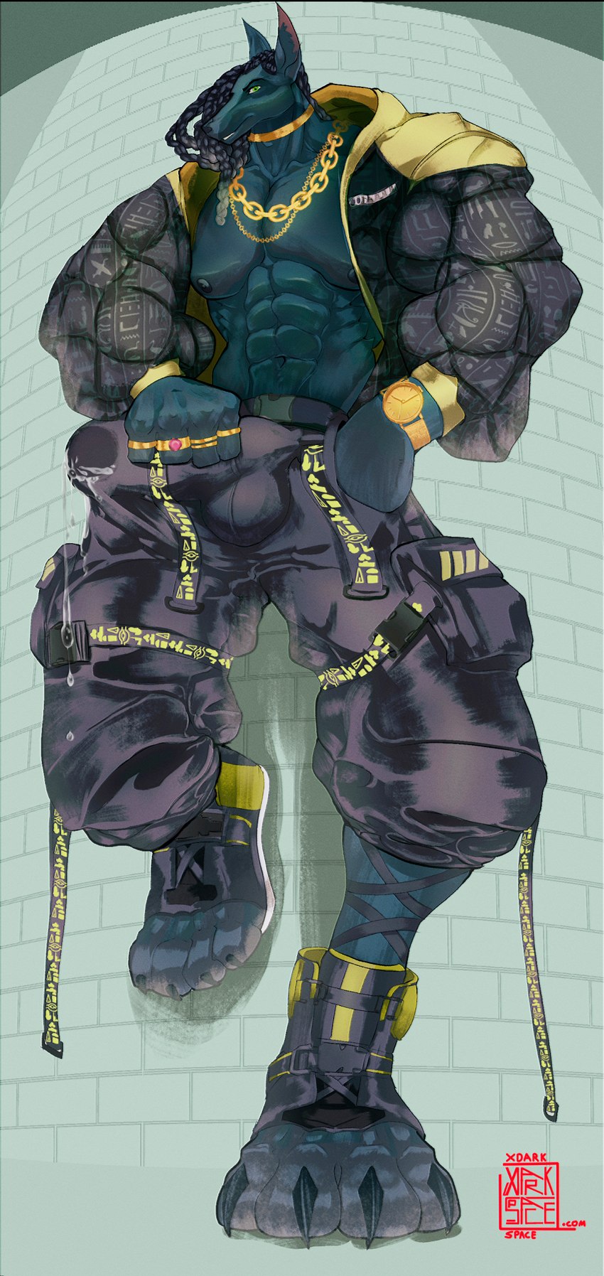 abs anthro athletic athletic_anthro athletic_male balls_outline big_bulge biped bodily_fluids bottomwear bulge chain clock clothed clothing collar cyberpunk detailed_bulge dreadlocks egyptian erection erection_under_clothing footwear genital_fluids genital_outline gold_(metal) green_eyes hair hand_in_pocket jacket jewelry leaking_precum leaking_through_clothing leaning leaning_backward leaning_on_wall looking_at_viewer low-angle_view male male_anthro muscular muscular_anthro muscular_male nipples pants pecs penis_outline pockets precum precum_through_clothing puffy_jacket ring shoes simple_background solo standing streetwear techwear teeth_showing topwear watch wet wet_clothing worm's-eye_view xdarkspace egyptian_mythology middle_eastern_mythology mythology anubis canid canine canis deity jackal mammal digital_media_(artwork) hi_res