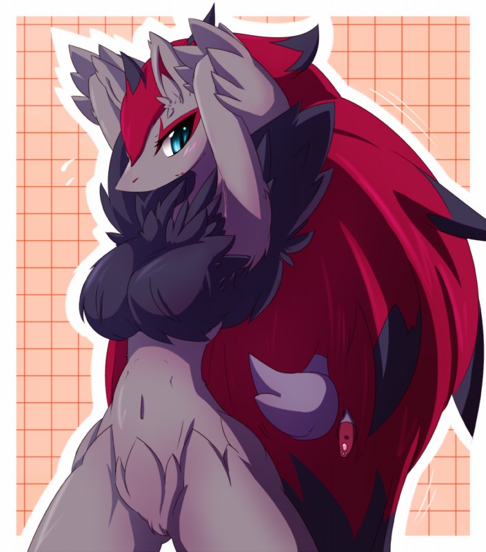 anthro blue_eyes blush breasts duo female hair red_hair solo_focus when_you_see_it nyaswitchnya nintendo pokemon canid canine generation_5_pokemon mammal pokemon_(species) zoroark zorua hi_res