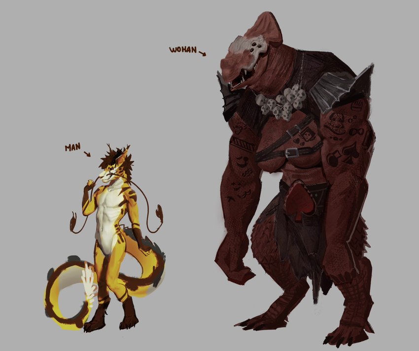 3_eyes anthro armor athletic athletic_anthro athletic_male barbel_(anatomy) bone breasts character_comparison clothed clothing comparison countershade_torso countershading digitigrade duo featureless_crotch female femboy flesh_whiskers fur jewelry larger_female leather leather_strap male multi_eye muscular muscular_arms muscular_female necklace nude open_mouth pauldron pecs pose red_body red_scales scales simple_background size_difference skull smaller_male standing straps tail teeth text yellow_body lappan asian_mythology east_asian_mythology mythology dragon eastern_dragon furred_dragon furred_scalie monster mythological_creature mythological_scalie scalie 2022 digital_media_(artwork) digital_painting_(artwork) english_text hi_res painting_(artwork) sketch unfinished