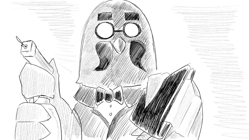 4_fingers anthro black_bow_tie bow_tie clothing eyewear facial_hair fingers glasses male mustache receipt round_glasses solo squirt_bottle suit dragonweirdo animal_crossing nintendo brewster_(animal_crossing) avian bird columbid pigeon 16:9 dialogue_in_description greyscale hi_res monochrome widescreen