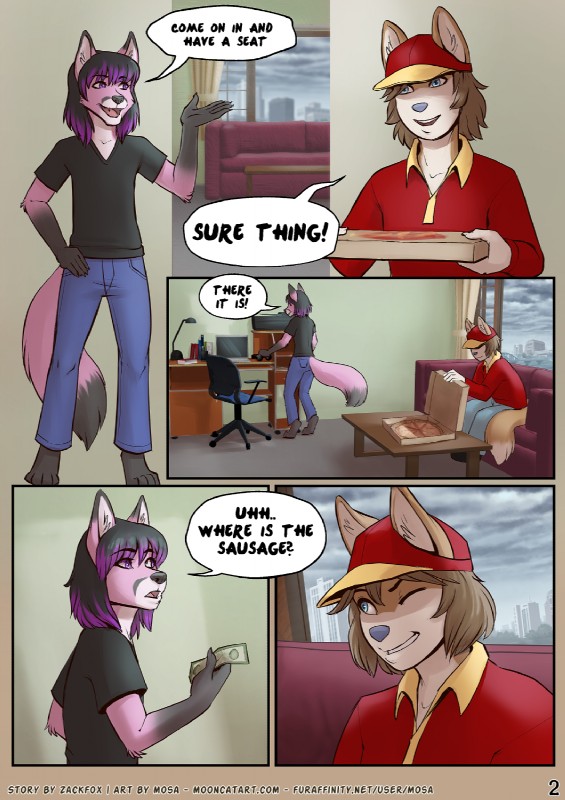 anthro clothed clothing dialogue duo food hat headgear headwear inside male money open_mouth pizza sitting smile standing text mosa zack_fox canid canine fox mammal comic english_text hi_res url