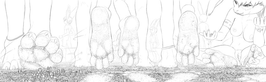 4_toes ambiguous_gender anklet anthro barefoot breasts city destruction dirty dirty_feet feet female genitals giga group jewelry landscape_dwarfing macro nipples nude pussy sitting sitting_on_ground soles stomping toes walking xtreme7 lagomorph leporid mammal rabbit 2020 absurd_res hi_res monochrome