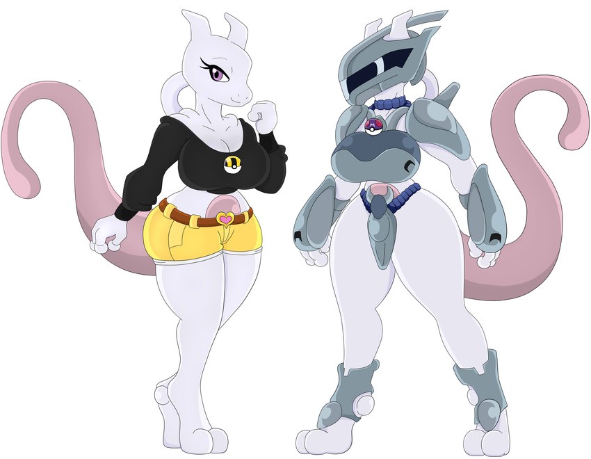 anthro armor armwear belt big_breasts bottomwear breasts clothing collar duo female footwear grey_body handwear huge_breasts long_sleeves mask master_ball pokeball purple_eyes shirt shorts simple_background tail topwear ultra_ball underwear white_background urusee584 nintendo pokemon generation_1_pokemon legendary_pokemon mewtwo pokemon_(species) absurd_res hi_res