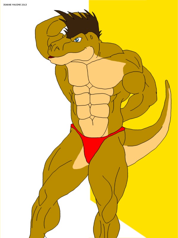 abs abstract_background anthro athletic biceps biped blue_eyes brown_body brown_hair brown_skin clothed clothing flexing grin hair hands_behind_head male muscular muscular_anthro pecs pose scales simple_background smile solo speedo standing swimwear tail topless vein white_background maxime-jeanne jonathan_alexander dinosaur prehistoric_species reptile scalie theropod tyrannosaurid tyrannosauroid tyrannosaurus tyrannosaurus_rex 2013 3:4 hi_res