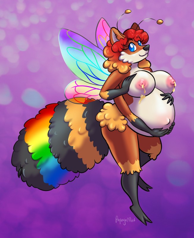 antennae_(anatomy) anthro breasts female food honey_(food) iridescent iridescent_wings multi_arm multi_limb multi_tail pregnant rainbow sparklefur tail papayamist alynna arthropod bee canid canine fairy fox hymenopteran insect mammal colorful_theme hi_res