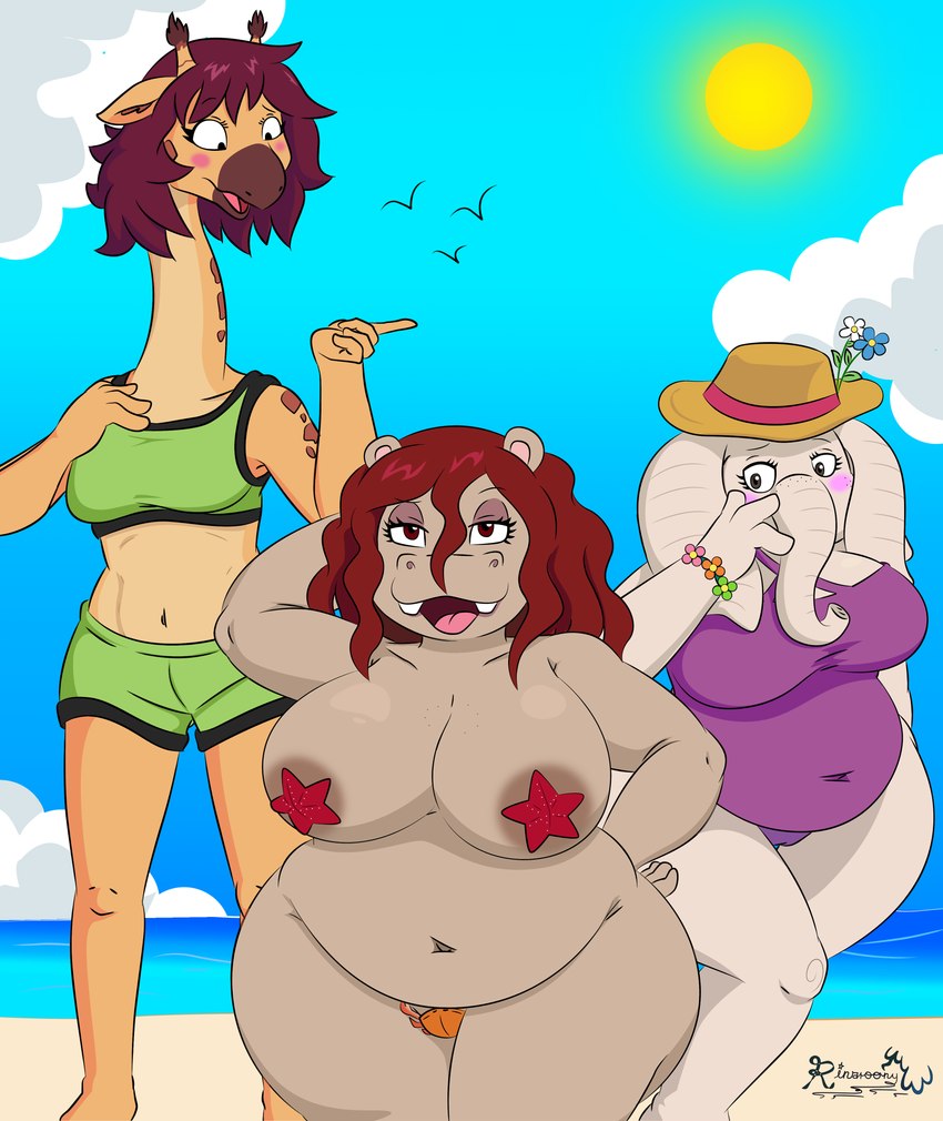 anthro belly big_breasts bikini bikini_shorts blush breasts clothing colored_edge_bikini female group midriff navel one-piece pasties slightly_chubby slim swimwear thick_thighs trio two-piece_swimsuit rinarooni common_hippopotamus elephant elephantid giraffe giraffid hippopotamid mammal proboscidean absurd_res hi_res