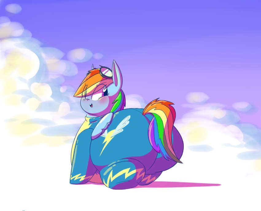 belly_on_ground blush female feral hair looking_back multicolored_hair multicolored_tail obese open_mouth open_smile overweight purple_eyes rainbow_hair rainbow_tail sky skyscape smile solo tail white_sclera wings ridiculouscake friendship_is_magic hasbro my_little_pony rainbow_dash_(mlp) equid equine horse mammal pony hi_res