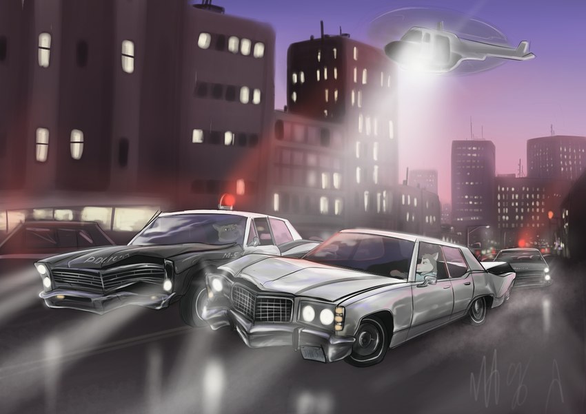 80's_theme aircraft anthro car city cityscape crash detailed_background driving duo helicopter inside_car inside_vehicle male police police_car police_officer police_vehicle street sunset vehicle wolfyalex96 ford alaskan_malamute canid canine canis domestic_dog german_shepherd herding_dog mammal nordic_sled_dog pastoral_dog spitz