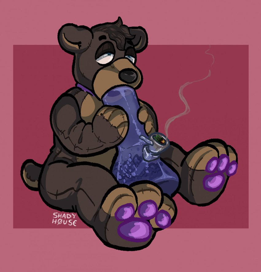 anthro bong drugs half-closed_eyes male marijuana narrowed_eyes pawpads paws pipe plushie simple_background sitting sitting_on_ground smoking smoking_bong smoking_marijuana solo teddy_bear toy shadyhouse mr._toebeans_(shadyhouse) animate_inanimate bear living_plushie mammal hi_res