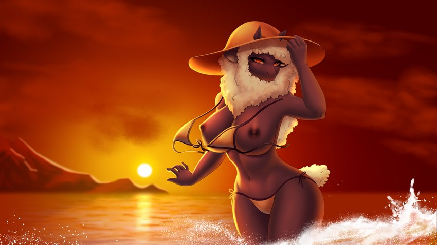 5_fingers anthro areola beach big_breasts bikini black_body black_fur breasts clothed clothing curvy_figure exposure_variation female fingers fur hat headgear headwear horn looking_at_viewer markings mole_(marking) mostly_nude mouthless nipples orange_clothing orange_swimwear sea seaside solo summer sunset swimwear topless two-piece_swimsuit untied untied_bikini water wool_(fur) raychell amaverse xalda_(shg_ver.) bovid caprine mammal sheep werecaprine werecreature weresheep 16:9 absurd_res hi_res widescreen