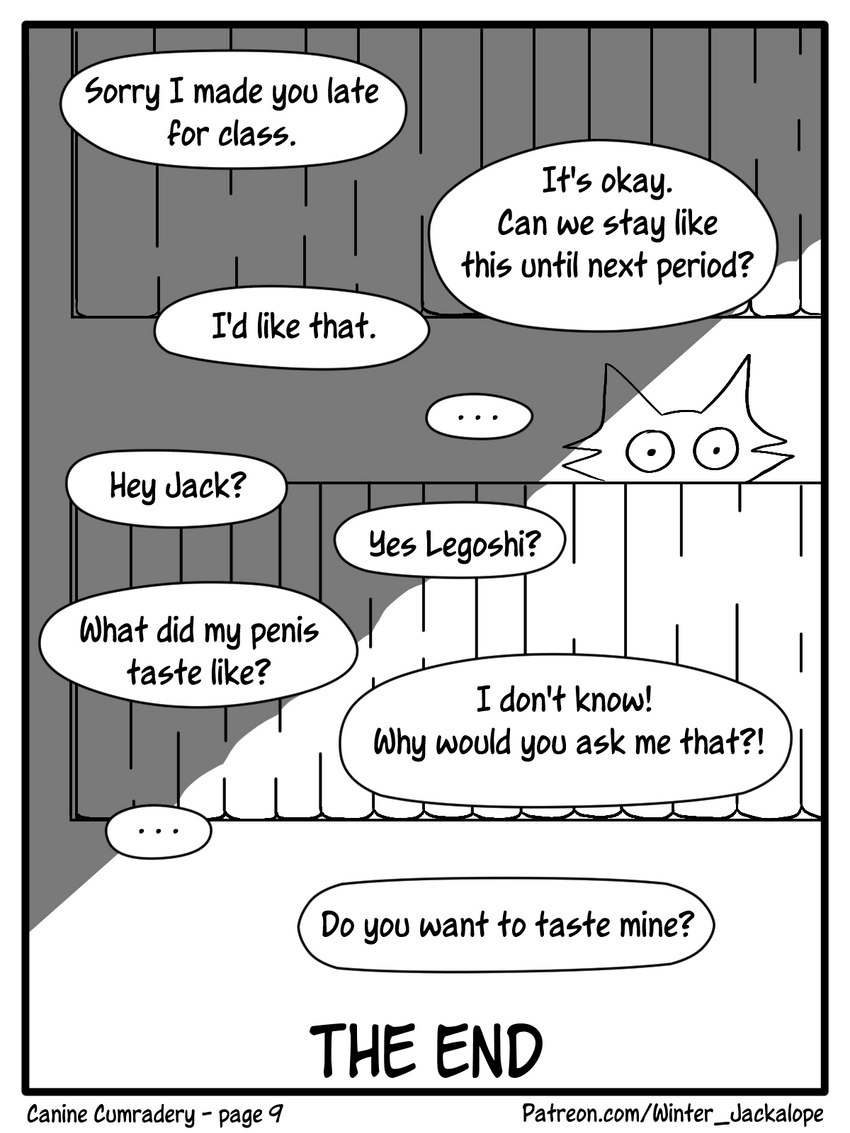 after_sex anthro dialogue duo male male/male simple_background text wintersink beastars jack_(beastars) legoshi_(beastars) bird_dog canid canine canis domestic_dog hunting_dog labrador mammal retriever wolf 3:4 comic digital_media_(artwork) english_text hi_res monochrome url