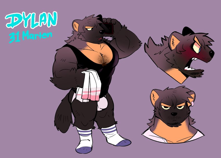 anthro barazoku blush body_hair bulge chest_hair clothing ear_piercing ear_ring electronics facial_hair footwear jockstrap male phone piercing ring_piercing shirt simple_background socks solo tank_top topwear towel underwear purplecider dylan_(purplecider) gulonine mammal marten mustelid musteline hi_res model_sheet