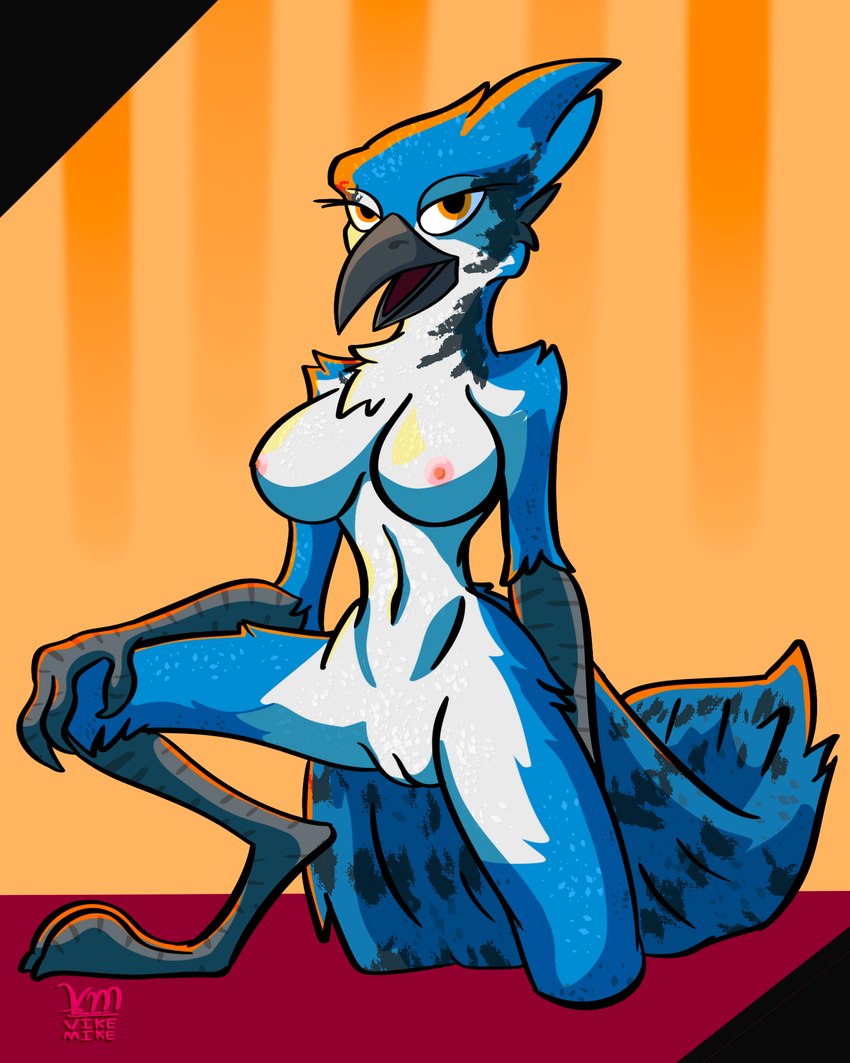 anthro areola avian_arms avian_feet beak breasts feather_markings feather_tuft feathers female genitals kneeling looking_at_viewer markings navel nipples non-mammal_breasts non-mammal_navel non-mammal_nipples non-mammal_pussy nude open_mouth pussy simple_background slim solo tail tail_feathers tuft wingless_avian vike_mike avian bird blue_jay corvid jay_(bird) new_world_jay oscine passerine 4:5 digital_drawing_(artwork) digital_media_(artwork) hi_res shaded simple_shading