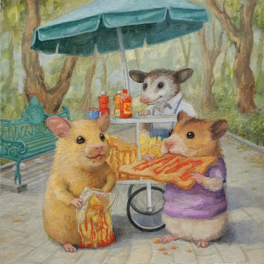 ambiguous_gender apron bench biped chicharrones clothed clothing day detailed_background eating feral food group nude outside park plant shirt topwear tree joaquincarre american_opossum cricetid hamster mammal marsupial rodent virginia_opossum 1:1 2022 gouache_(artwork) hi_res painting_(artwork) traditional_media_(artwork)