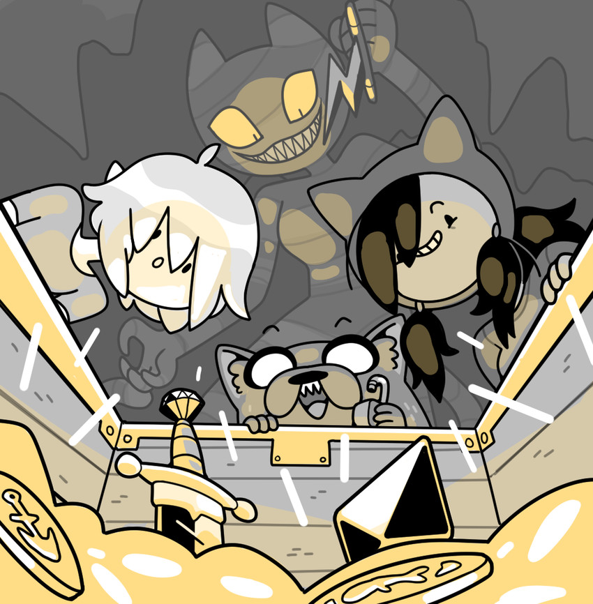 alternate_species ambiguous_gender anthro female gem gold_(metal) grin group humanized humanoidized melee_weapon sharp_teeth smile sword teeth toony weapon discount-supervillain adventure_time cartoon_network finn_the_human jake_the_dog marceline_abadeer me-mow canid canine canis domestic_cat felid feline felis human humanoid mammal wolf